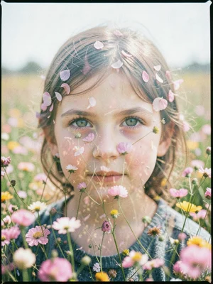 A child's face double-exposed with a field of wildflowers, petals visible in the