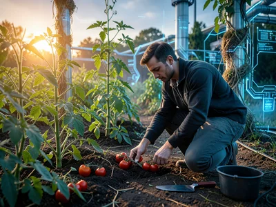 Person kneeling in vegetable garden, planting tomato starts, tools beside them
