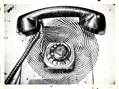 A rotary telephone with its cord spiraling into a vortex of copied fingerprints