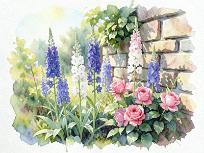 A cottage garden in summer, delphiniums and roses against a stone wall, loosely 
