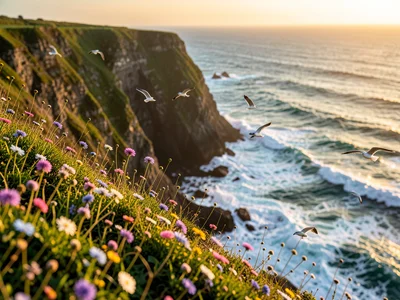 Coastal cliffs with wildflowers growing at the edge, crashing waves far below, s
