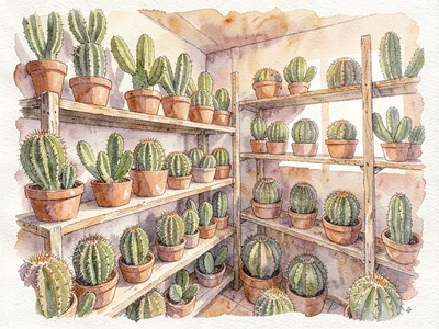 Atmospheric watercolor of the cactus shop interior in dry midday light, rows of