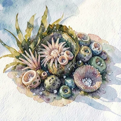 Tide-pool macro of barnacles, anemones, and a curl of bladderwrack, salt crystal