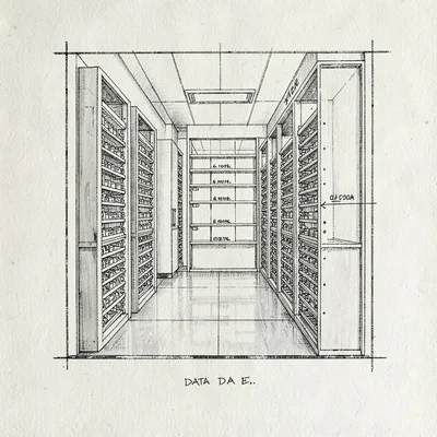 Architectural plan view of a small data hall with labelled rows, slate ink on cr