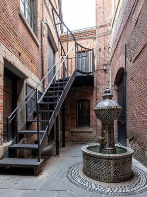 Riad courtyard with industrial metal staircase, zellige fountain, exposed brick