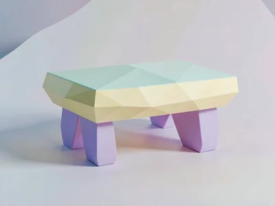 Low butter-yellow lowpoly coffee table with chunky lavender legs and a triangula