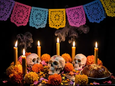 Papel picado banners in candlelight