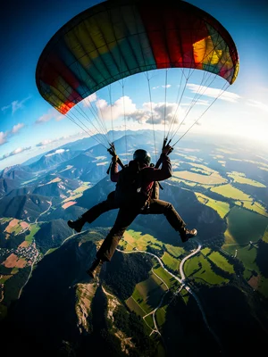Paraglider silhouette filled with aerial landscape from their perspective, doubl
