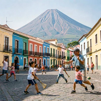 Colonial color against volcano in Granada, Nicaragua, Children playing baseball 