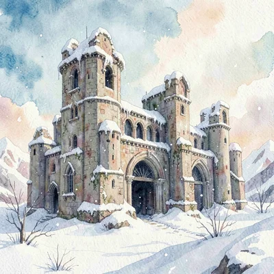 Painterly level-art concept of a snow-laden ruined fortress, painterly digital r