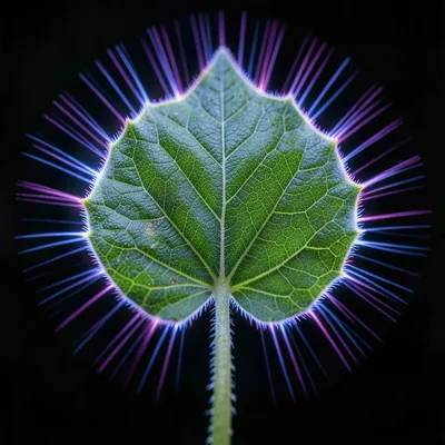 A green leaf with blue-violet Kirlian corona discharge radiating from every edge