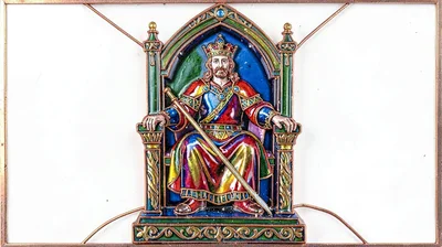 Cloisonné enamel illustration, king on throne , copper wire outlines, glass enam