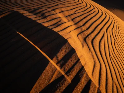 Barchan dune crescent shape from above, slip face casting sharp shadow, wind dir