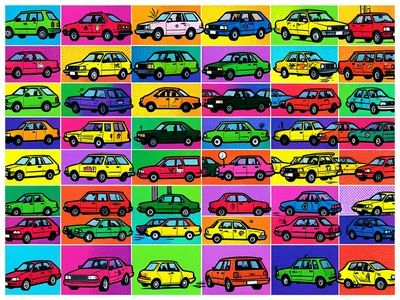 Traffic jam rendered in pop art, repeated car shapes in Warhol color grid