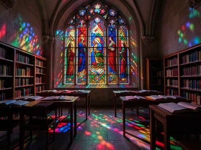 A modern library with a stained glass feature wall, the colored light falling on