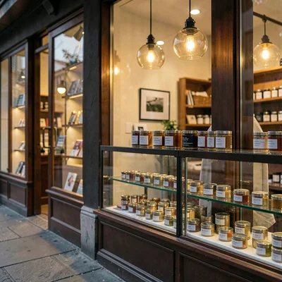 Atmospheric storefront retail with a glass case of small tins, warm pendant pool