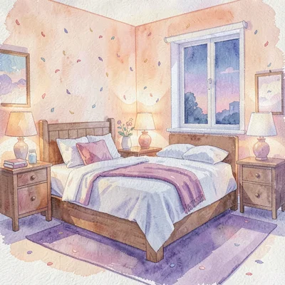 Soft gouache print of a quiet bedroom interior at dusk, peach and lavender wash