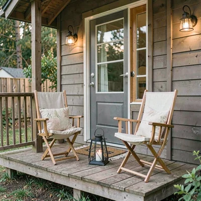 tiny house porch with two folding chairs and lantern, ready to list