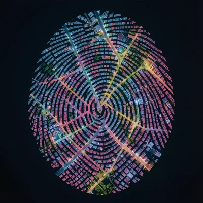 Fingerprint filled with city aerial view, whorls matching street patterns, doubl