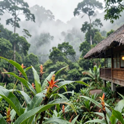 Cloud forest mist layers in Costa Rica, Dewdrops on a spider web stretched betwe
