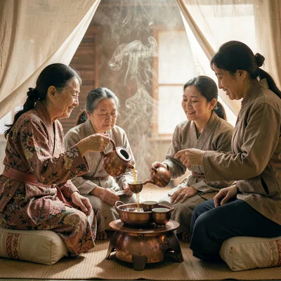 Intimate warm-toned photograph, Three generations of women sitting on low stools