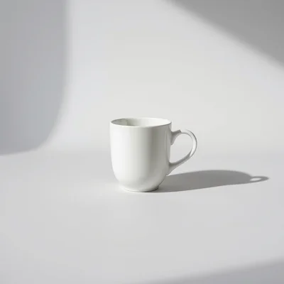 Minimalist studio photograph of a single white coffee cup centered on a clean seamless pale gray background. Soft diffus