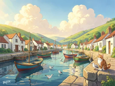 Tiny fishing village harbor with colorful boats bobbing, a cat sitting on the qu