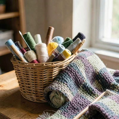 Vertical scene of a basket of embroidery supplies beside a knit blanket
