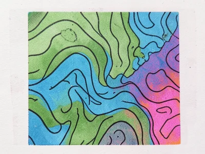 Riso-printed topographic map in three colors, contour lines in green, blue, and 