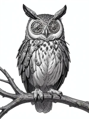 Owl with clock gear eyes, mechanical feathers that look organic, perched on bran