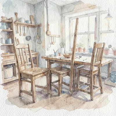 Painterly watercolor of a workshop with chair frames in process, gentle paper-to