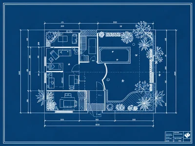An architectural floor plan of a mid-century modern house with furniture layout,