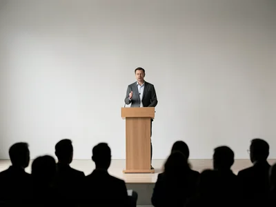 Person standing at a podium delivering a keynote, audience silhouettes in foregr