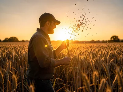 A farmer waist-deep in wheat at sunset shot into the sun, their outline burning 