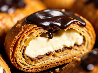 A chocolate éclair: choux pastry split, pastry cream visible, dark chocolate gla