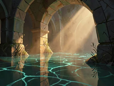 Submerged crypt with a low sun shaft on stagnant water, warm amber on stone arch
