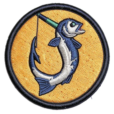 Embroidered patch illustration, Fishing hook with fish , merit badge aesthetic, 