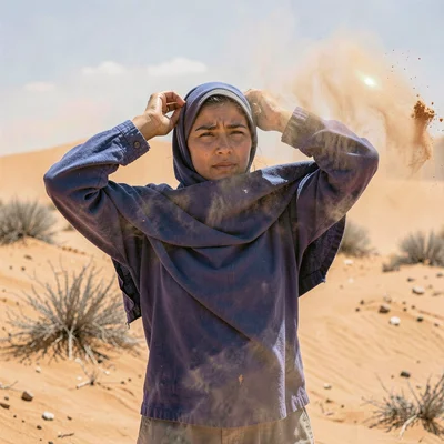 Desert environment photograph, extreme heat conditions, A woman in indigo wrappi