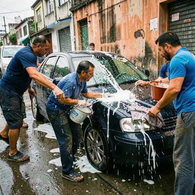 High-energy street photograph, Car wash workers with buckets and rags swarming p