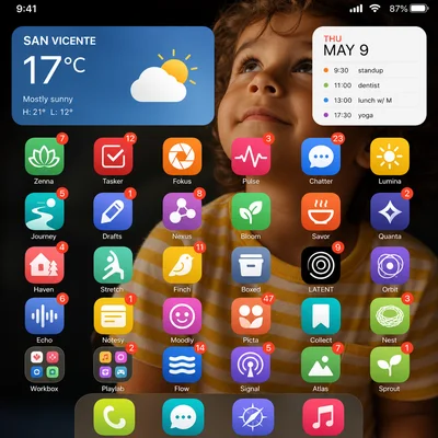 > A contemporary smartphone home screen distilled into a square 1:1 frame, full bleed — the home-screen surface fills th