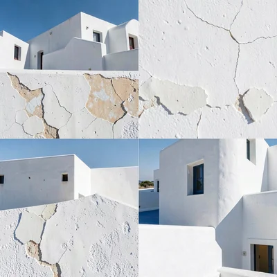 Cycladic whitewash study, Greek island lime, Flaking whitewash revealing older l