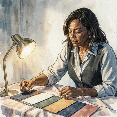 A determined Black event-planner in her thirties pinning swatches in a row, lamp