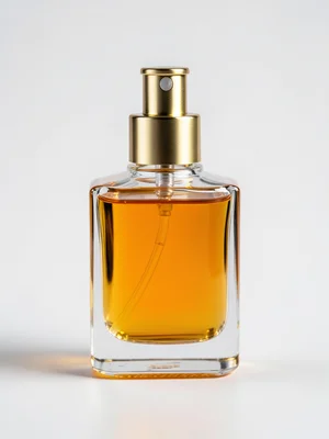 A clear glass perfume bottle with amber liquid, the atomizer catching light, the