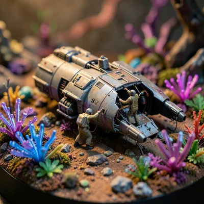 A sci-fi diorama: a crashed spacecraft on an alien terrain, two tiny astronauts 
