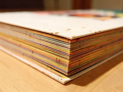 Comic book collection edge view, thin volumes creating colorful strata from cove