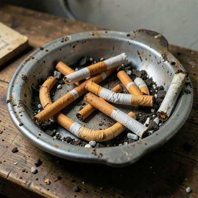 Cigarette butts in ashtray arranged in accidental pattern