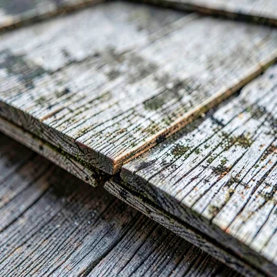 Macro of cedar shake roofing with deep weathered grain, silver-gray oxidation al