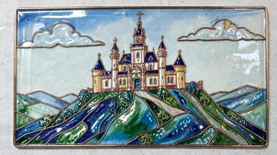 Cloisonné enamel illustration, castle on hilltop , copper wire outlines, glass e