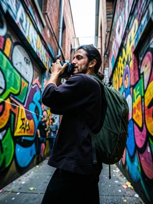 Solo traveler photographing street art in colorful alley, backpack and camera