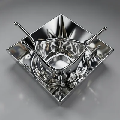 Liquid chrome filling a geometric mold, sharp corners meeting fluid curves, prec